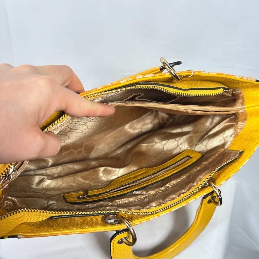 Halo & Way Ankara Wax Print Leather Tote Yellow Green Heels Bag Boho Retro Y2K - Picture 9 of 12